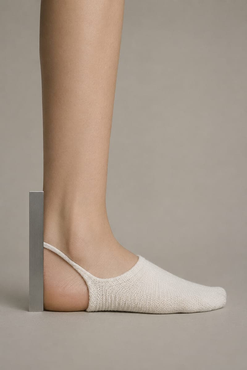 A rule held against the back of a heel showing a 22 millimetre cuff height.