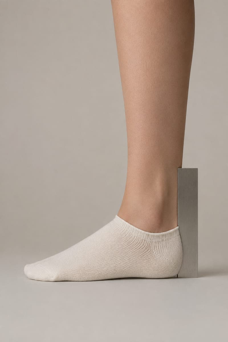 A rule held against the back of a heel showing a 36 millimetre cuff height.