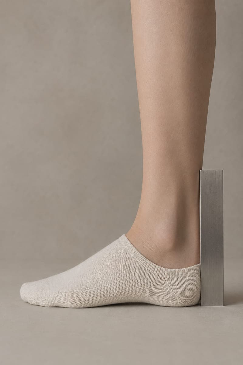 A rule held against the back of a heel showing a 46 millimetre cuff height.