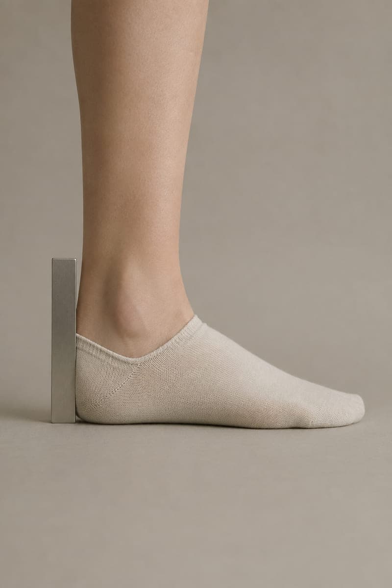 A rule held against the back of a heel showing a 58 millimetre cuff height.